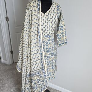 Floral Blue and Cream Traditional Indian Anarkali Style Bottom , Duppto And Kurt